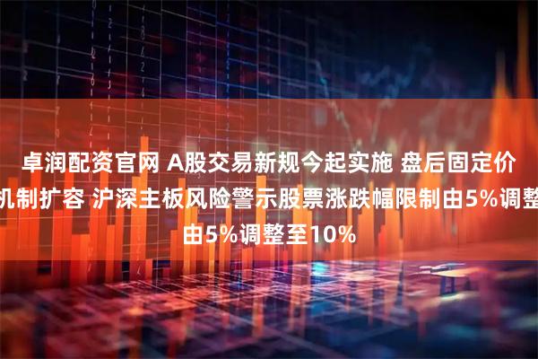 卓润配资官网 A股交易新规今起实施 盘后固定价格交易机制扩容 沪深主板风险警示股票涨跌幅限制由5%调整至10%
